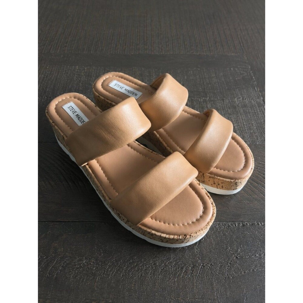 Steve Madden Defuse Cork Wedge Slide Sandals Tan Leather Quiet Luxury 10M